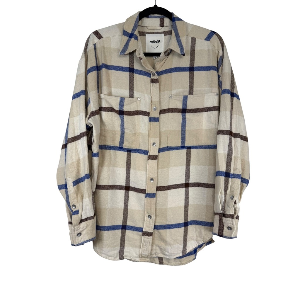 Aerie Womens XS Oversized Plaid Flannel Button Down Shirt Cream Blue Brown